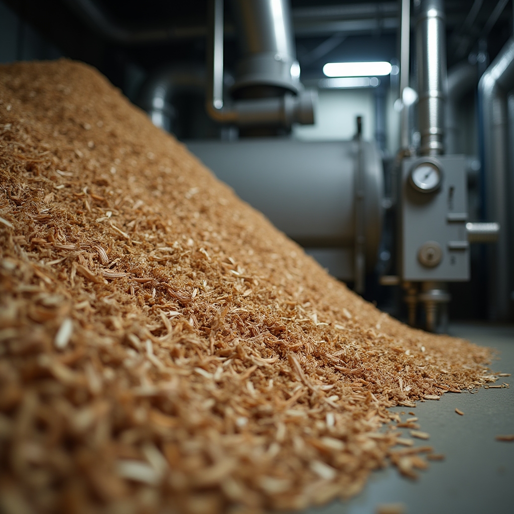 Wood chip biomass fuel storage at a small community heating facility