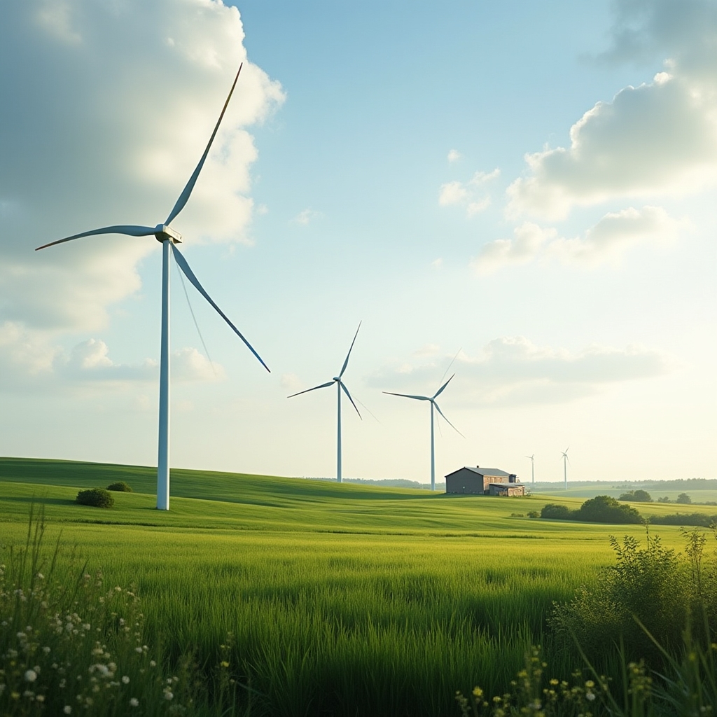Small-scale wind turbines installed in an open field with blue sky
