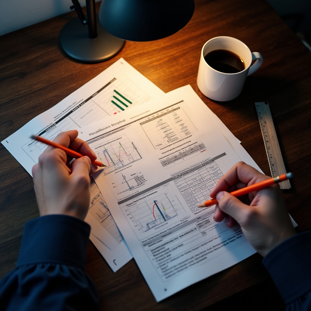 Person carefully reviewing technical feasibility documents with annotations