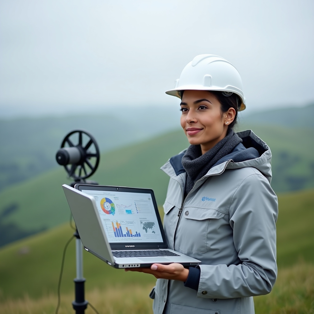 Engineer with laptop analyzing wind data on a hillside site assessment